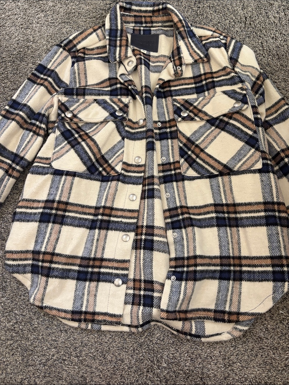 Women Snap-Front Shirt Jacket - Cream, Navy & Brown thin layer jacket